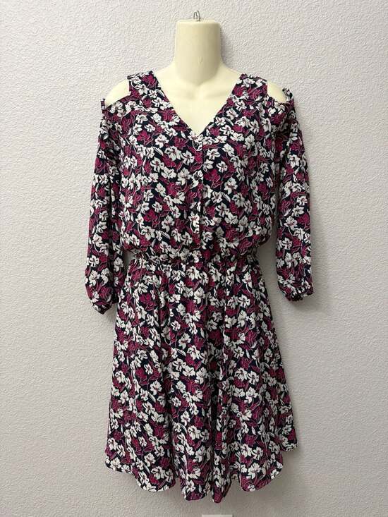 Banana Republic Navy Floral Cold Shoulder V-Neck Long Sleeve Dress Size 6 - Picture 2 of 5